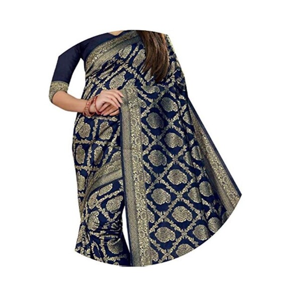 Women's Kanjivaram Pure Banarsi Silk Saree With Blouse Piece Golden Zari NWT - Picture 2 of 12